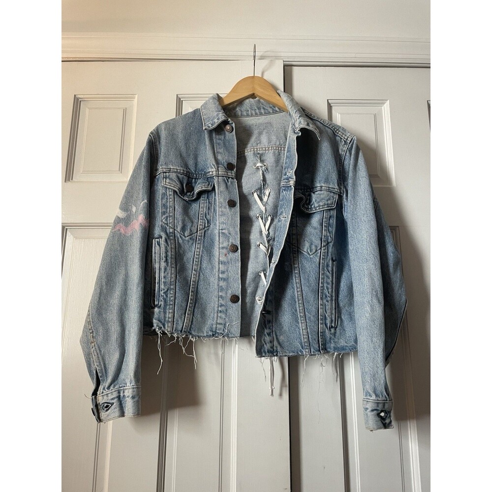 Vtg 1987 Levis Made in USA Distressed Cropped Denim Jacket Custom Corset XL